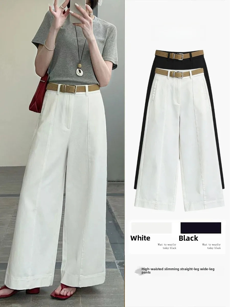 White High Waist Straight Leg Wide Leg Pants Nine Points Drapey Slimming Casual Trousers for Small Women Spring Summer New Style