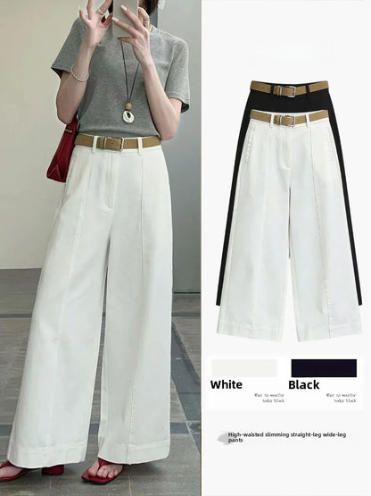 White High Waist Straight Leg Wide Leg Pants Nine Points Drapey Slimming Casual Trousers for Small Women Spring Summer New Style