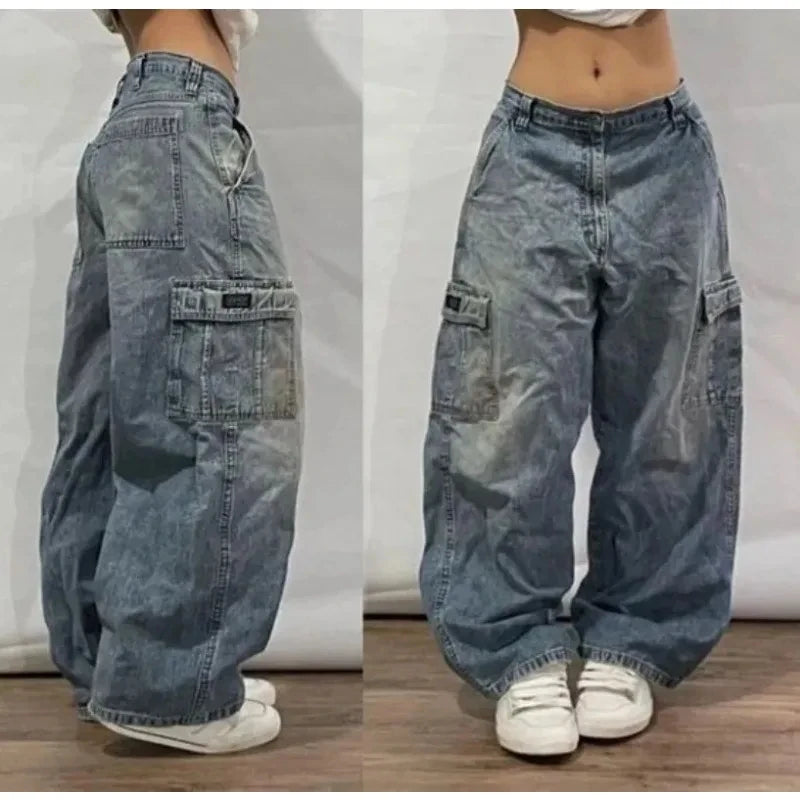 Y2K New Fashion Pink Pattern Patch Loose Jeans Women Gothic Harajuku Hip Hop Casual Joker Wide Leg Denim Trousers