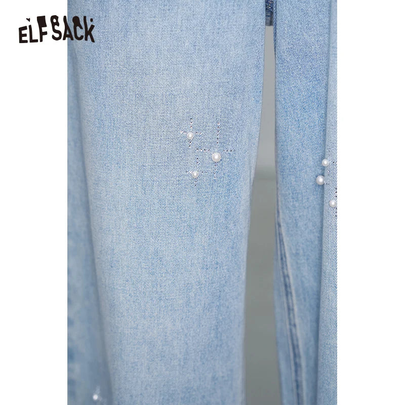ELFSACK High Waist Wide Leg Jeans for Women, Casual Loose Fit Denim Pants with Pearl Embellishment, Light Washed Trousers