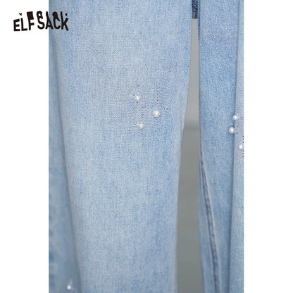ELFSACK High Waist Wide Leg Jeans for Women, Casual Loose Fit Denim Pants with Pearl Embellishment, Light Washed Trousers