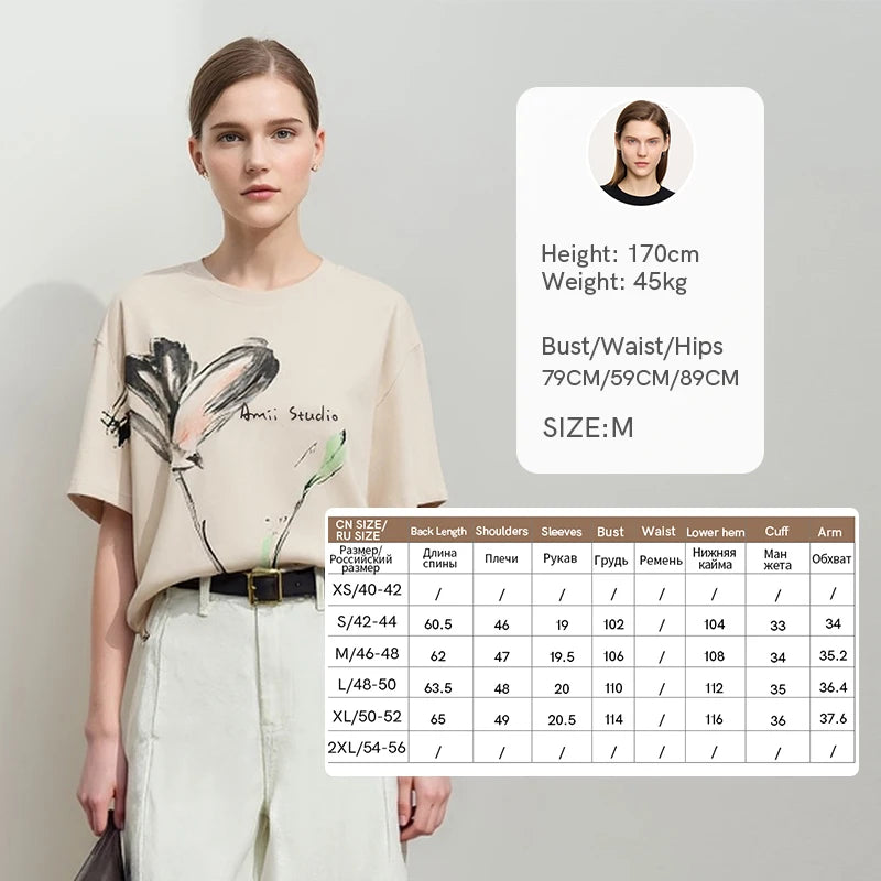 Amii Women's T-Shirt 2026 Summer New Cool Feeling Cotton Round Neck Tee Shirt Ink Art Print Loose Fit Short Sleeve Tops 12622149