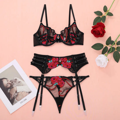 Ellolace Seductive Sexy Lingerie Bra Belt Thong 3PC Set Beautiful Floral Embroidered Intimate Tempted Women Underwear