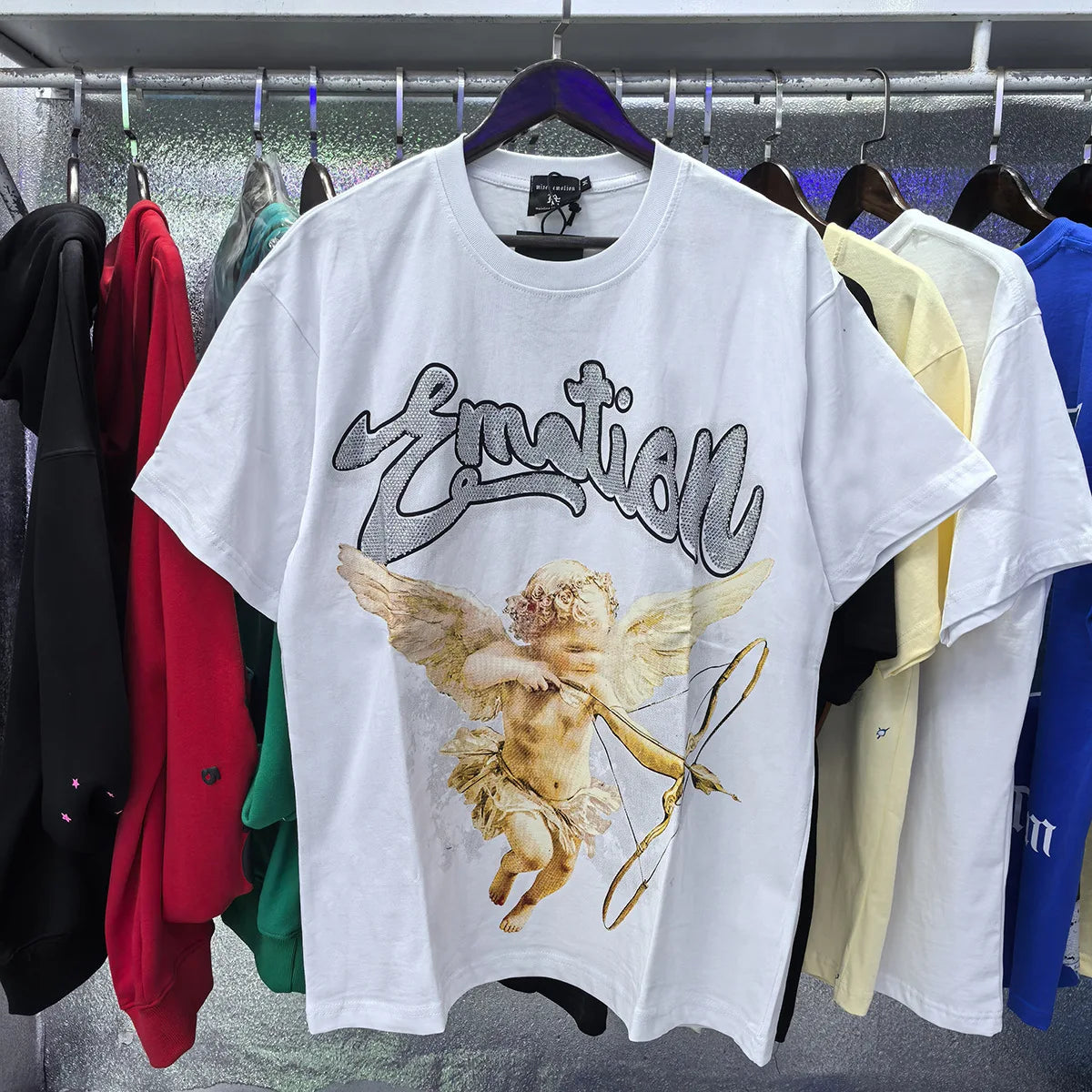 MIXED EMOTION Shirt Rhinestone Short Sleeve Men Women T-shirt Streetwear 100% Cotton Loose Round Neck Top Tees Oversized Tee Top