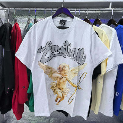 MIXED EMOTION Shirt Rhinestone Short Sleeve Men Women T-shirt Streetwear 100% Cotton Loose Round Neck Top Tees Oversized Tee Top