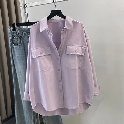 Loose Casual Denim Workwear Jacket Women's Spring Autumn New Version Large Size Shirt Lazy Minimalist Versatile Shirt
