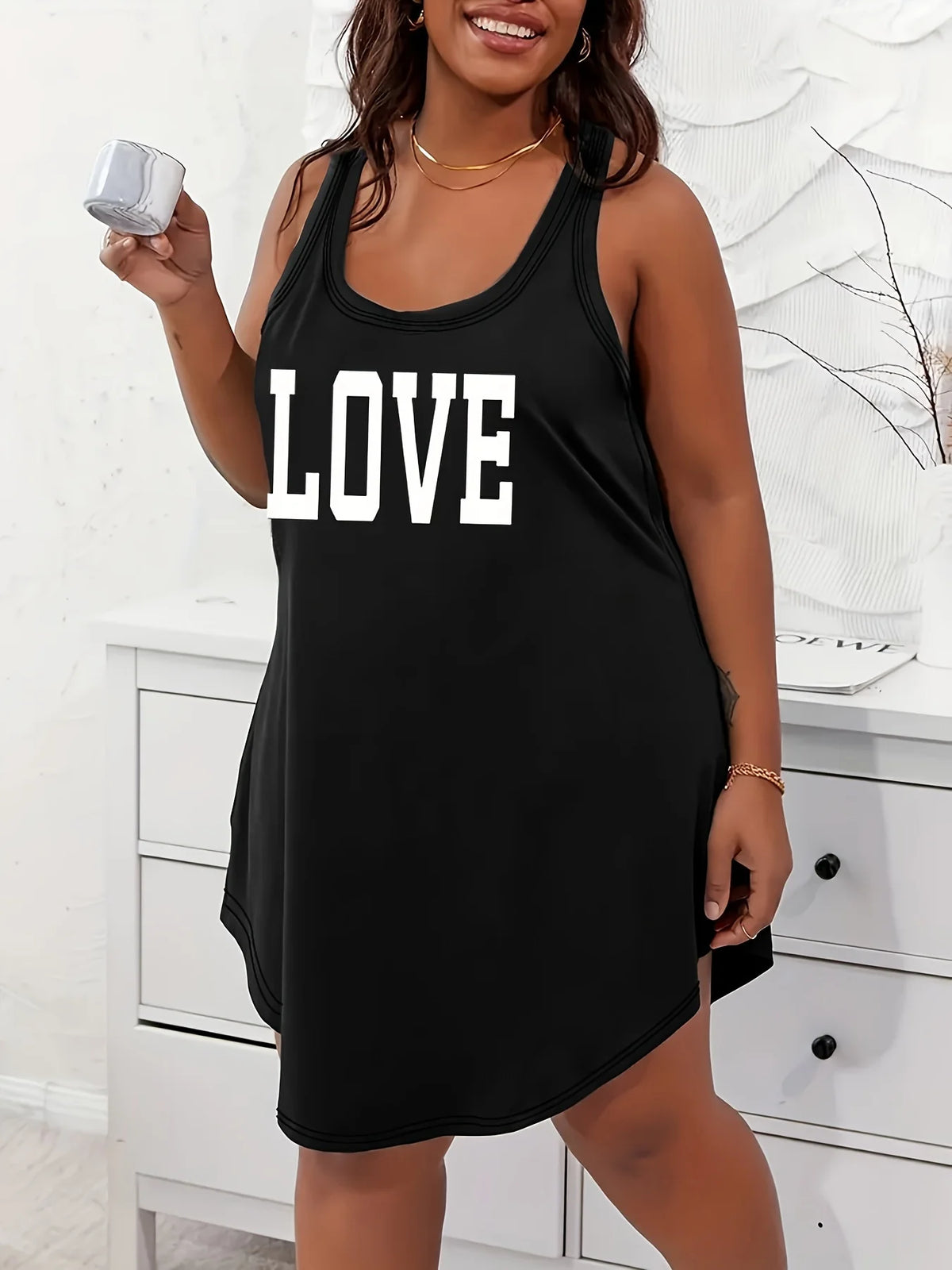 [Plus Size Tank Dress] Women's Plus Size "LOVE"Letter  Print Sleeveless Tank Tank Dress Nightgown - Ultra-Comfortable Home Sleepwear