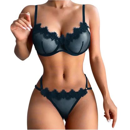 Tornova Sexy Lingerie Set Solid Color Lace See-through Underwear 2 Piece Set Lace Patchwork Mesh Interesting Women's Underwear
