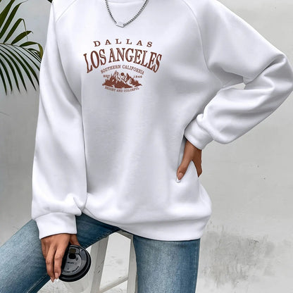 Women's autumn and winter casual wide pine mountain and letter pattern print warm and velvet long sleeved round neck sweatshirt