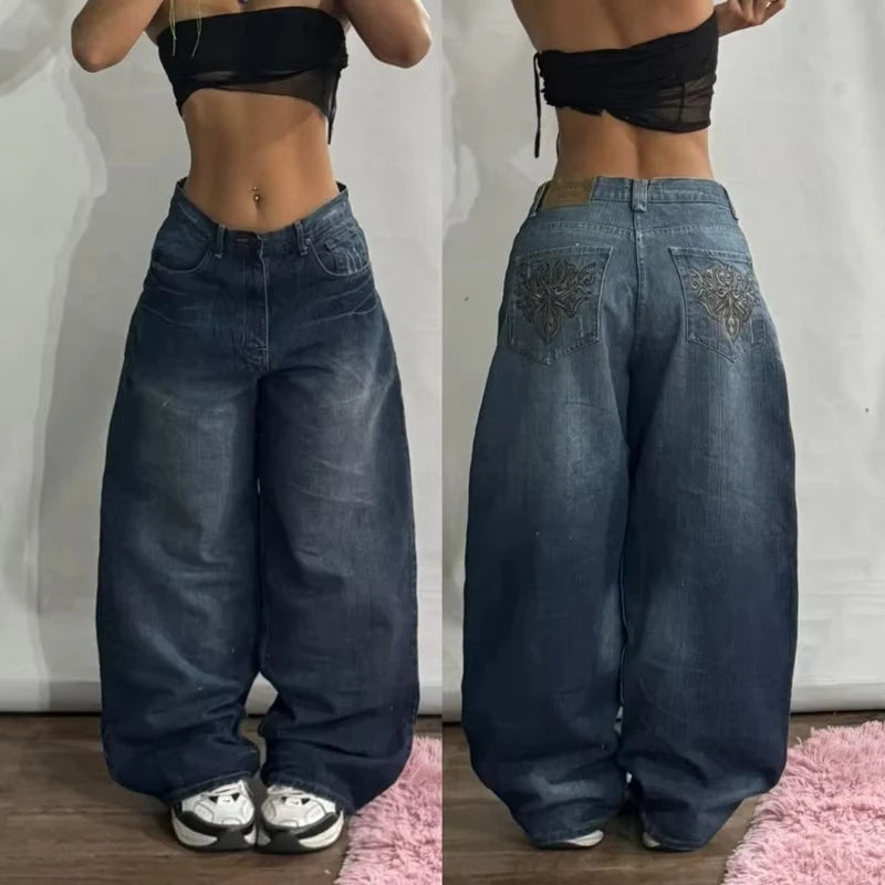 Y2K New Fashion Pink Pattern Patch Loose Jeans Women Gothic Harajuku Hip Hop Casual Joker Wide Leg Denim Trousers