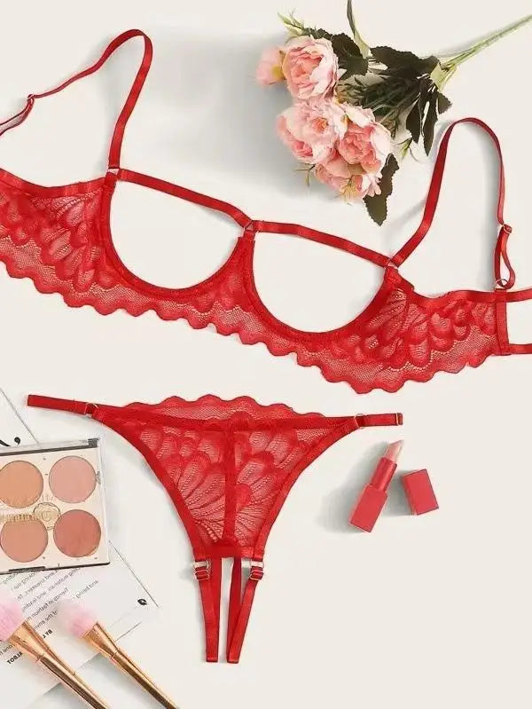Toucheart 2-piece Set Showing Breasts Sexy Interesting Underwear Women Solid Color Mesh Hollow Out See-through Sexy Lingerie Set