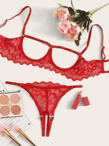 Toucheart 2-piece Set Showing Breasts Sexy Interesting Underwear Women Solid Color Mesh Hollow Out See-through Sexy Lingerie Set