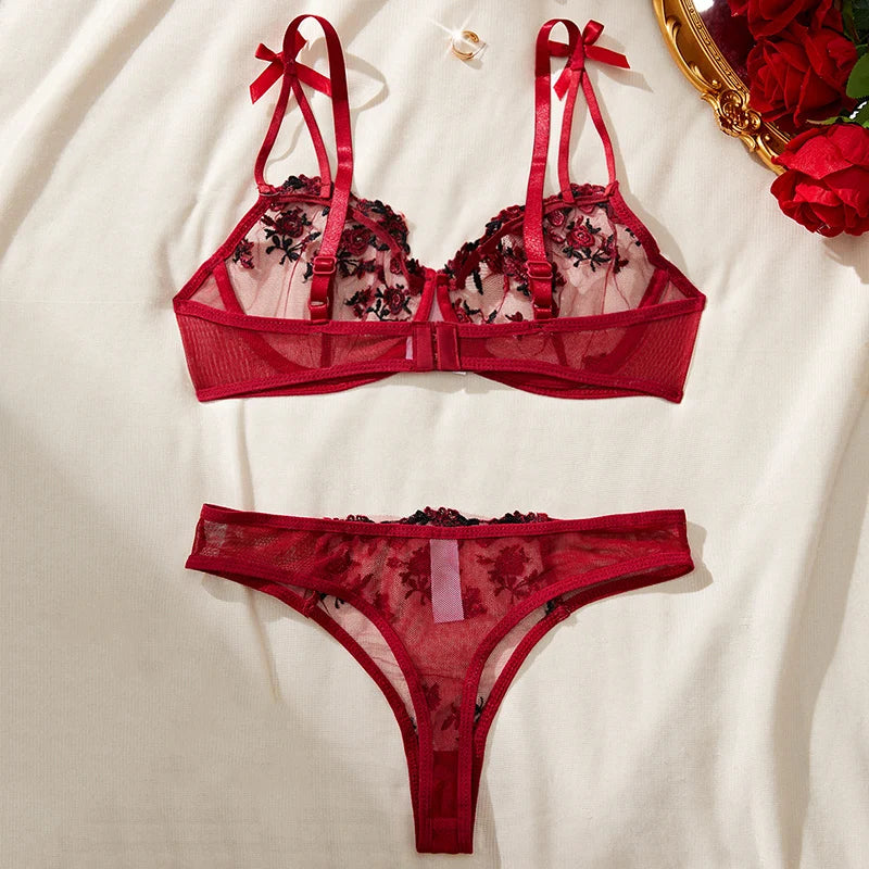 Transparent Women Red Lace New Embroidery Floral Ultra-thin Exquisite Underwear Bra Set