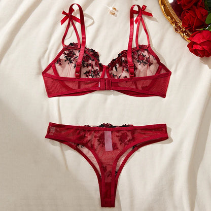Transparent Women Red Lace New Embroidery Floral Ultra-thin Exquisite Underwear Bra Set
