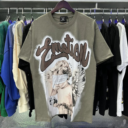 MIXED EMOTION Shirt Rhinestone Short Sleeve Men Women T-shirt Streetwear 100% Cotton Loose Round Neck Top Tees Oversized Tee Top