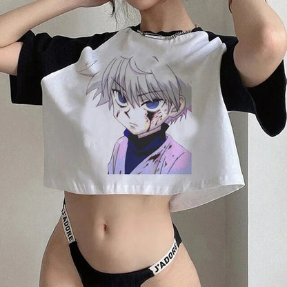 Crop Top T-shirt Hunter X Hunter Tees Cropped Harajuku Cartoon Killua Tshirt Funny Japanese Anime Hisoka T Shirt Tops Y2k Manga