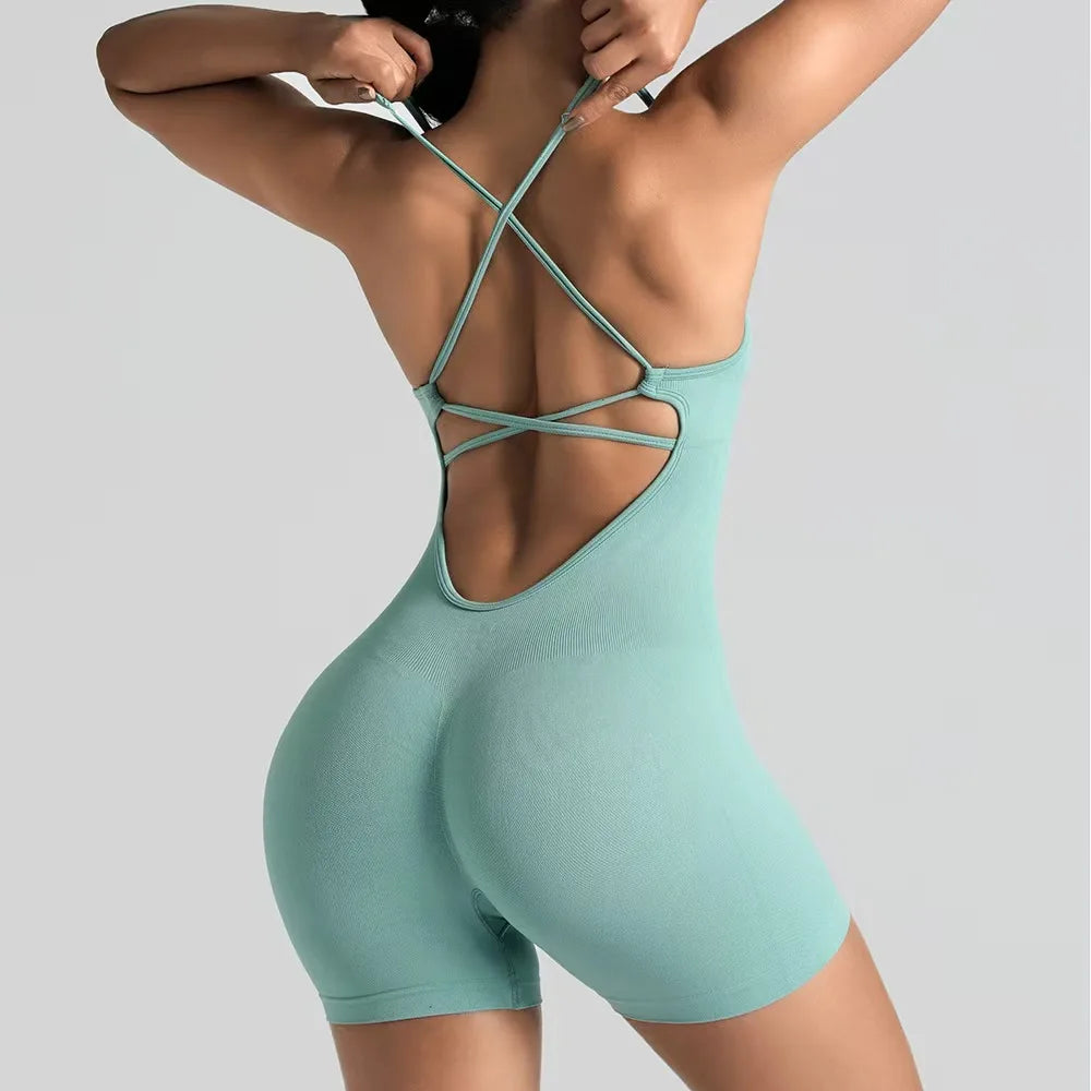 Women's Sexy Slim-Fit Yoga Shorts Jumpsuit Seamless Back Workout Bodysuit Breathable Quick-Dry Gym Running Pilates Fitness Yoga