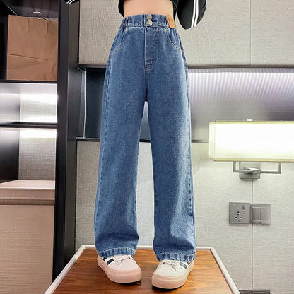 Teenage Girls Jeans 2026 Spring Fall Casual Fashion Loose Ripped Hole Kids Retro Korea Pants School Children Trousers 6 8 10 12Y