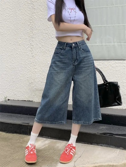 Summer American Style Vintage Women Baggy Jeans Y2k Loose Washed High Waist Knee Length Denim Pants Streetwear Wide Leg Shorts