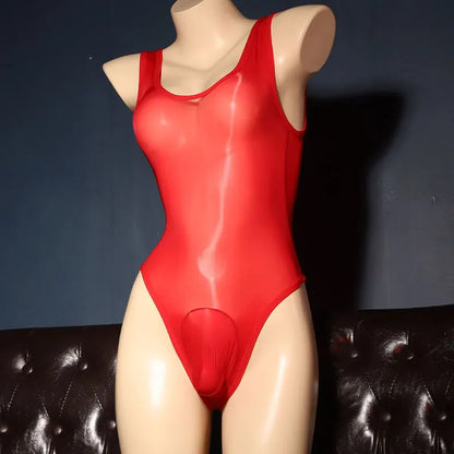 Full Transparent Bodysuits Gay Men Oils Shiny Smooth Jumpsuits Sissy Sheer Mesh Swimsuit Cross-dresser Glossy Erotic Lingerie