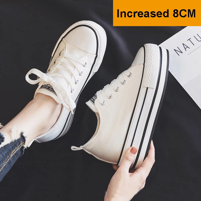 Students Invisible Increasing Canvas Shoes Women 8CM Thick Sole Height Skateboard Shoes Girls 2026 New Korean Casual Sneakers