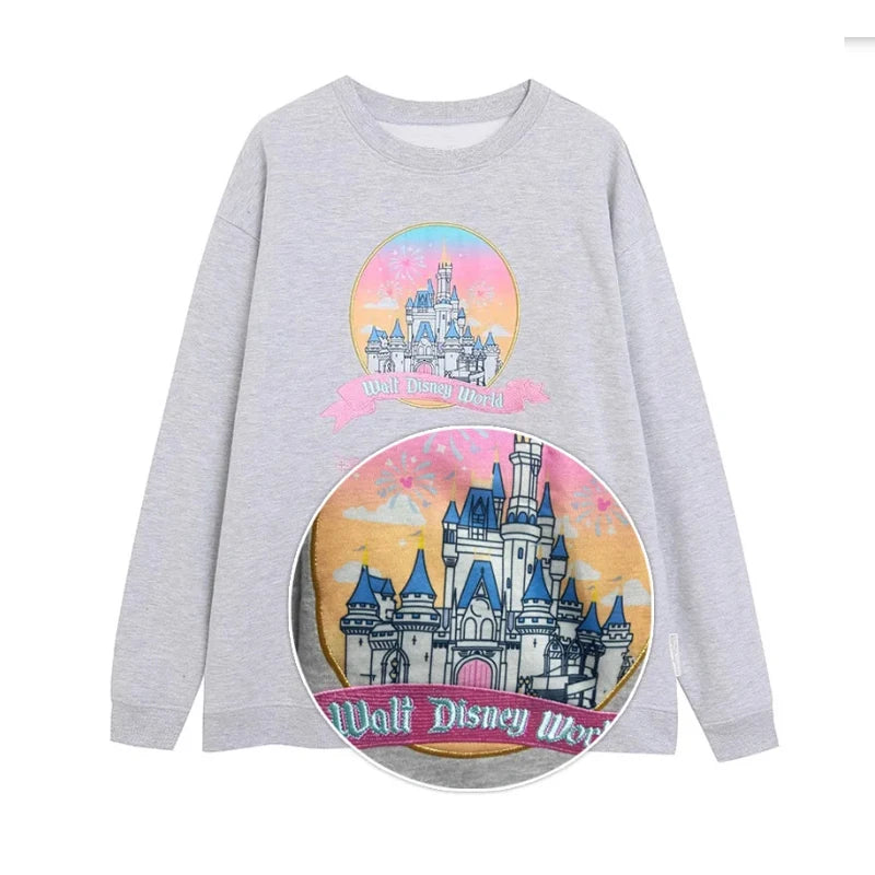 Disney Pink Disneyland Letter Embroidery Cartoon Mickey Minnie Cute Print Sweatshirt Zipper Women Jumper Fleece Pullover Unisex