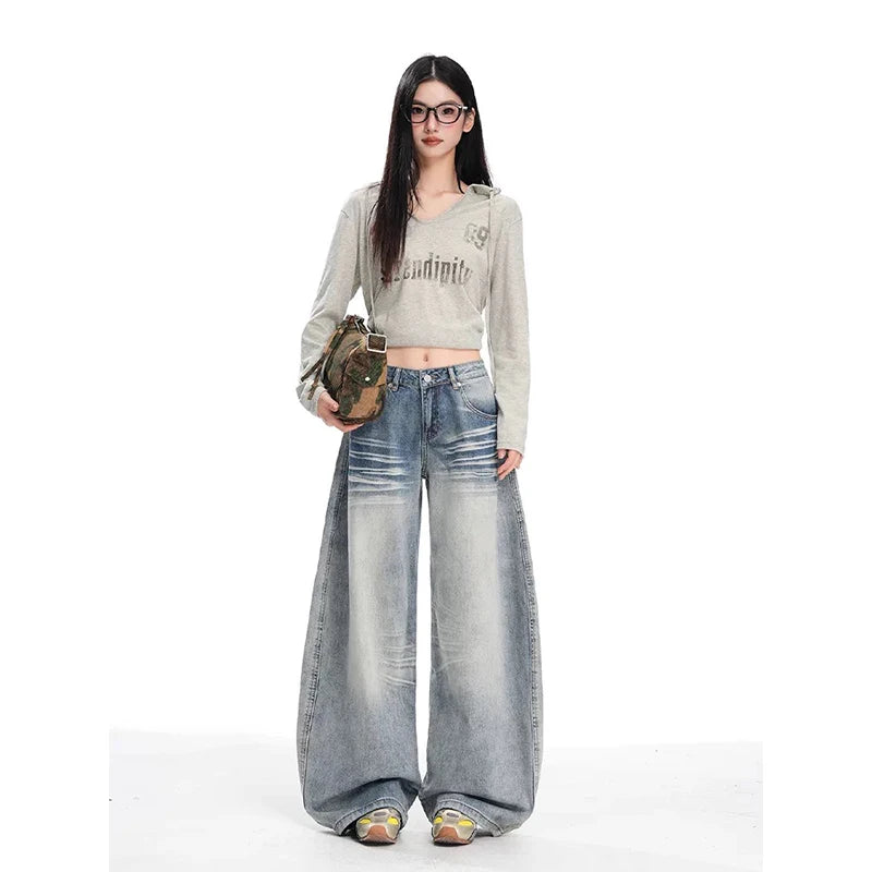 YIBASHU Summer Women's Denim Pants Y2K Baggy Wide Fit Jean Japanese Harajuku Grunge Stacked Jeans Kpop 2000s Punk Boyfriend New