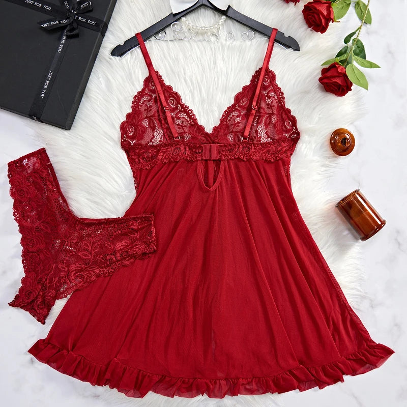 2 Pieces Women's Sleepshirts Lace Lingerie Set Semi-transparent V-Neck Thong Underwear for Women Exquisite Tulle Nightgown Set
