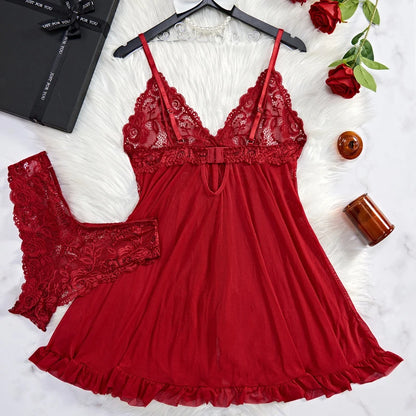 2 Pieces Women's Sleepshirts Lace Lingerie Set Semi-transparent V-Neck Thong Underwear for Women Exquisite Tulle Nightgown Set