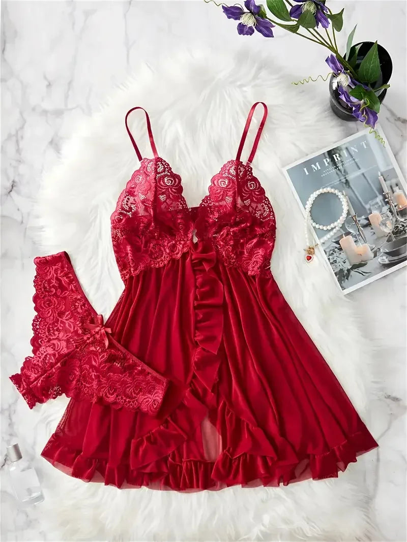 Blue Contrast Lace Ruffle Trim Lingerie Set Women's Nightdress See Through Deep V Mini Dress and Thong Nightgowns Underwear