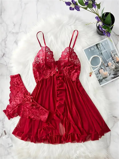 Blue Contrast Lace Ruffle Trim Lingerie Set Women's Nightdress See Through Deep V Mini Dress and Thong Nightgowns Underwear