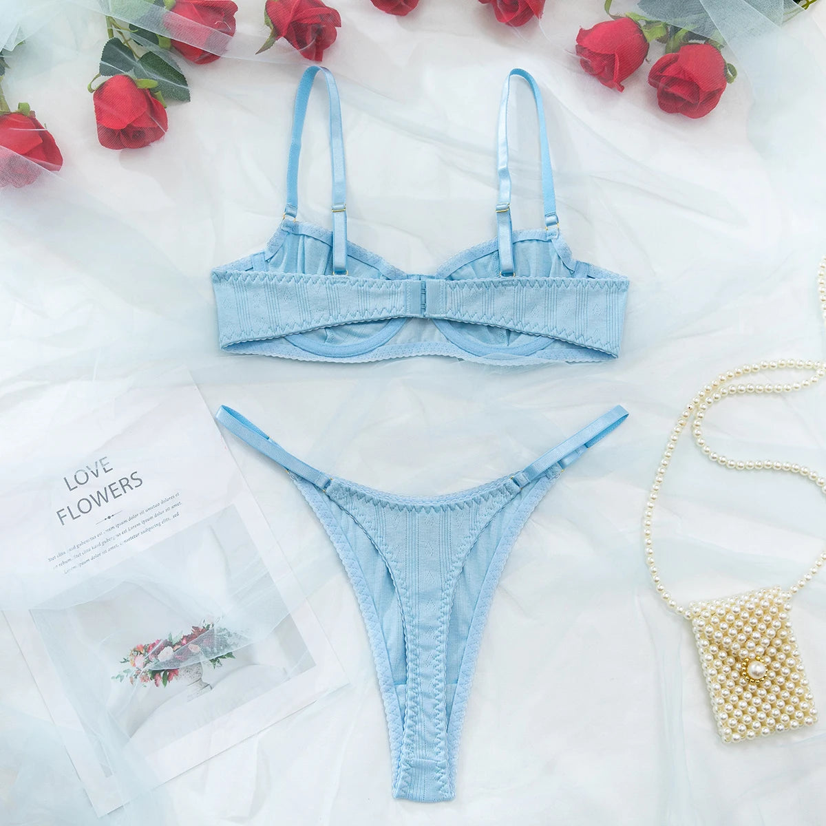 Light Blue Knitted Rayon 2Pcs Women's Lingerie Set Underwire Push-Up Bra Adjustable Thong Soft Breathable Sexy Daily Underwear