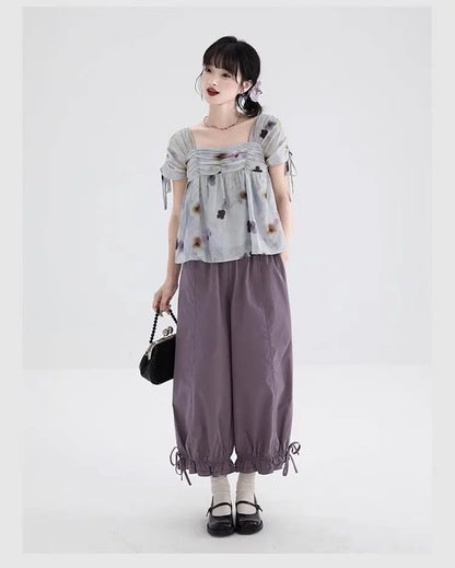Women's Black High Waist Wide Leg Pants Drawstring Cuff Ruffled Casual Trousers
