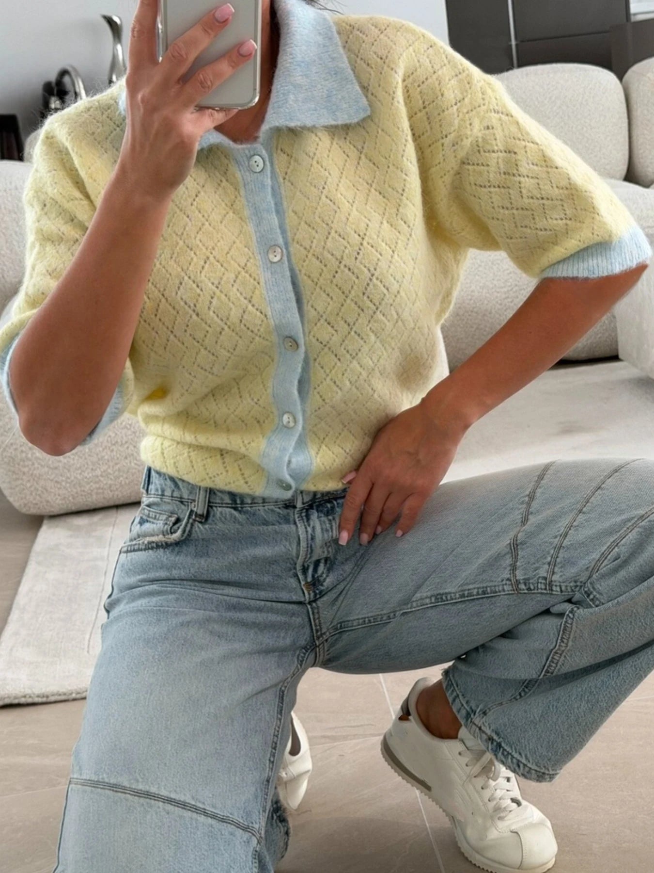 New Fashion Color Contrasting Knitted Shirt Summer Thin Cut Hollow out Diamond Grid Polo Shirt Versatile Short Sleeve Cardigan