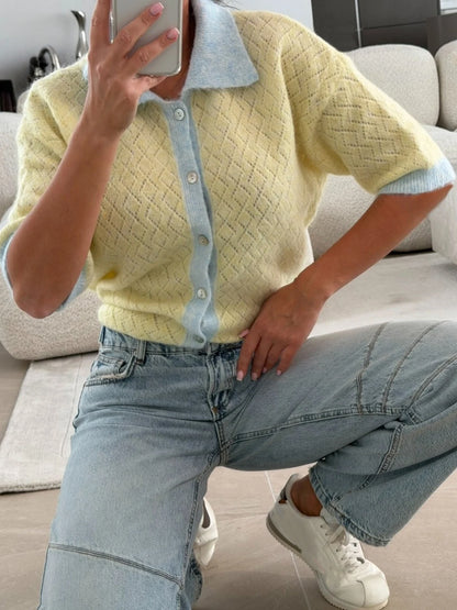 New Fashion Color Contrasting Knitted Shirt Summer Thin Cut Hollow out Diamond Grid Polo Shirt Versatile Short Sleeve Cardigan