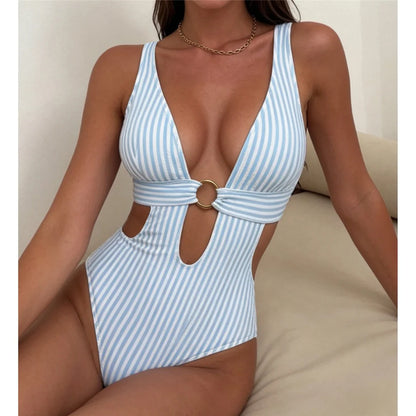 New Backless Monokini Padded Bather Bathing Suit Swim Striped Deep V Neck Cut Out One Piece Swimsuit Women Swimwear Female V8052