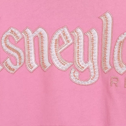 Disney World Letter Mickey Mouse Cartoon Print Embroidery Flares Pearl Pink Sweatshirt Sweet Women Long Sleeve Loose Jumper Tops