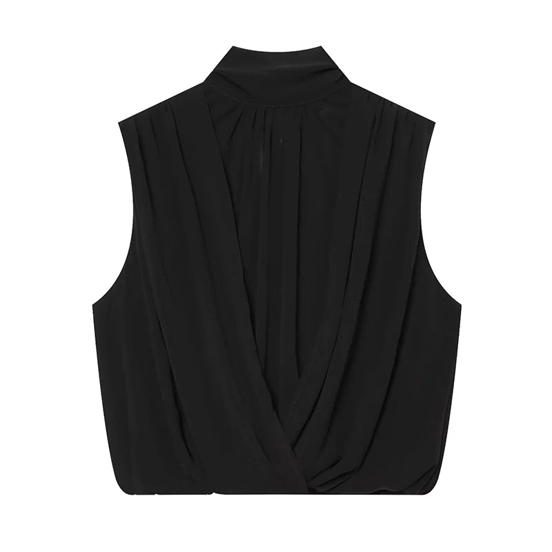 Women's Tops Summer Fashion Pleated Tops Women Turtleneck Sleeveless Tops Casual Female Chic Tops