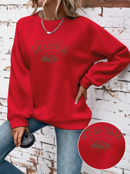 Women's autumn and winter casual wide pine mountain and letter pattern print warm and velvet long sleeved round neck sweatshirt