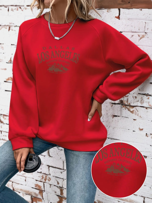 Women's autumn and winter casual wide pine mountain and letter pattern print warm and velvet long sleeved round neck sweatshirt