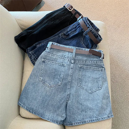 Women High Waist Denim Shorts Summer Chic Streetwear Female Casual Wide Leg Short Pants Solid Color Lady Loose Straight Shorts
