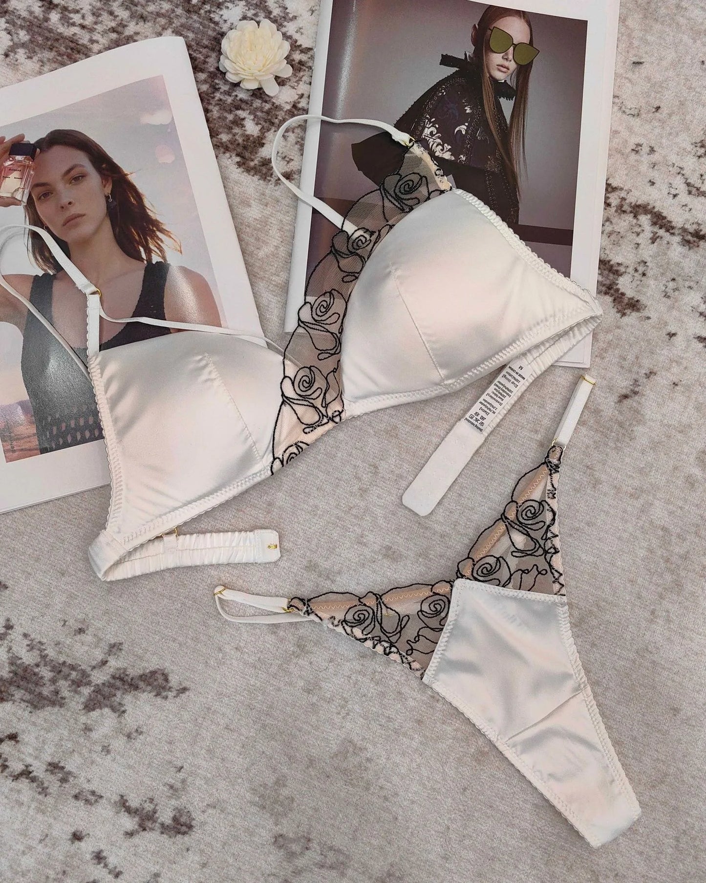 Women Underwear Set Sexy Silken Triangle Cup Wireless Bras French Bralette Seamless Intimates Bra and Thong Lingerie Set