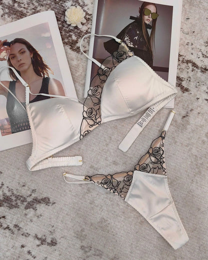 Women Underwear Set Sexy Silken Triangle Cup Wireless Bras French Bralette Seamless Intimates Bra and Thong Lingerie Set