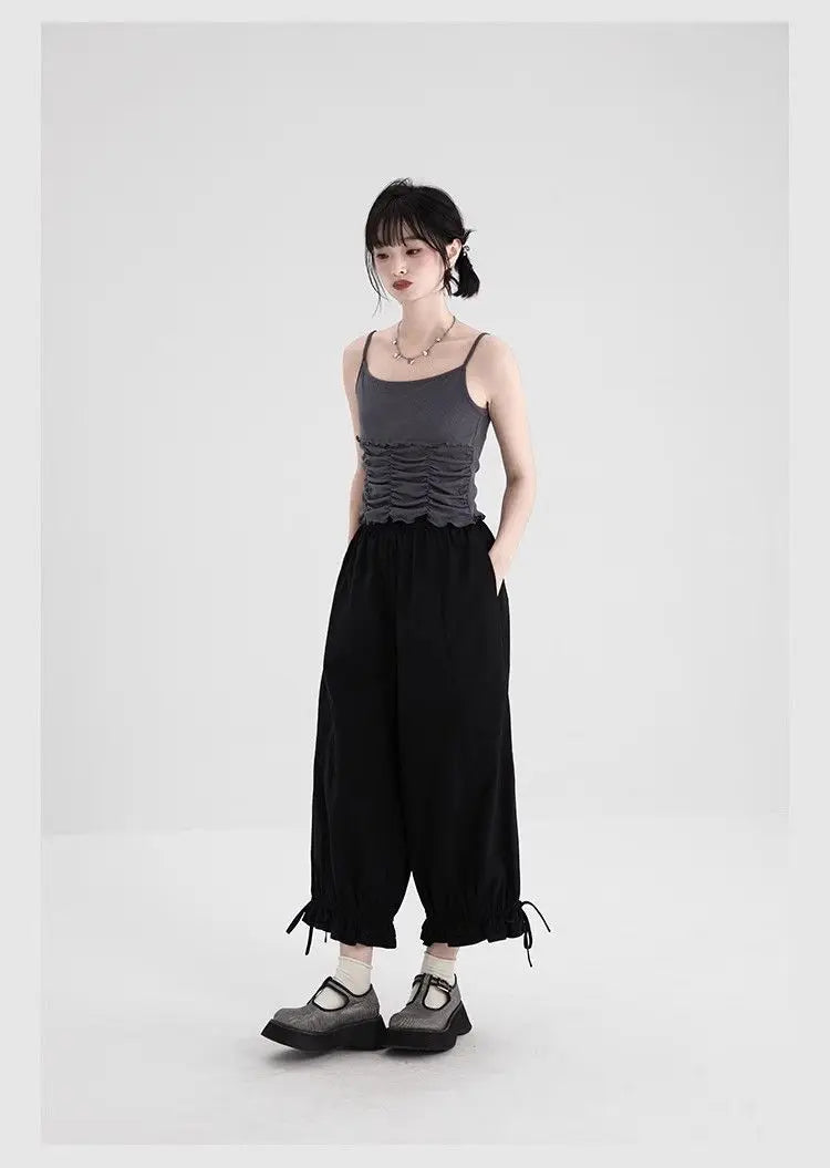 Women's Black High Waist Wide Leg Pants Drawstring Cuff Ruffled Casual Trousers
