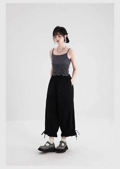 Women's Black High Waist Wide Leg Pants Drawstring Cuff Ruffled Casual Trousers