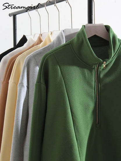 Winter Velvet Sweatshirt For Women With Half Zipper Coats Basic Green Oversize Warm Fleece Half Zip Up Sweatshirt Pullover Women