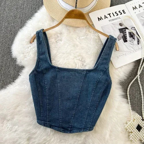 Vintage Denim Tanks Camis for Women Almighty Casual Sleeveless Zipper Spliced Femme Corset Crop Tops Elegant Chic Tank Camisoles