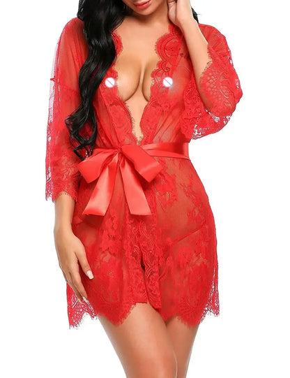 Women Sexy Lingerie Babydoll Erotic Transparent V-Neck Nightdress Robe G-string Costume Lace Sleepwear Dress