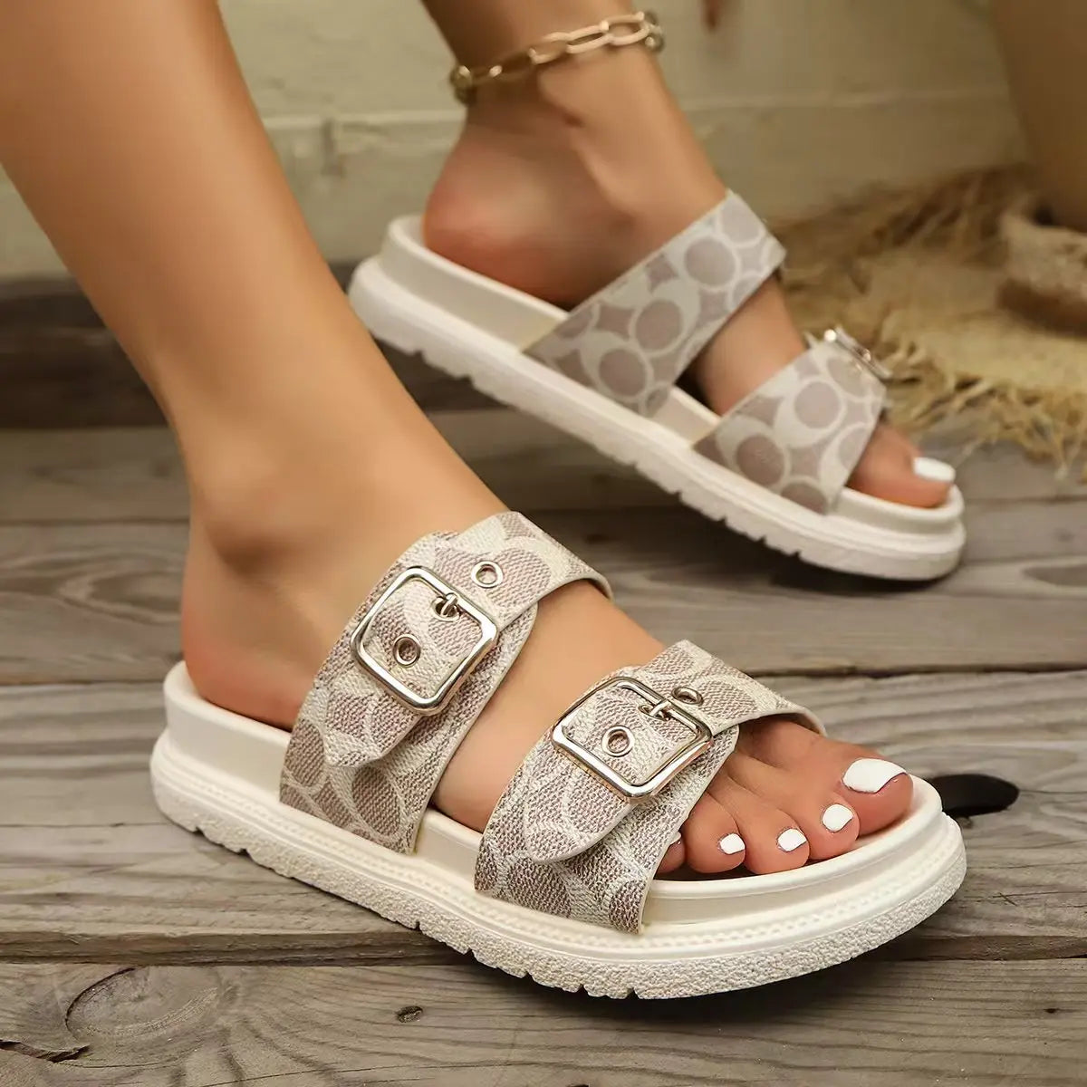 Women's Flat Slippers 2025 Summer New Fashion Adjustable Platform Sandals Printed Design Leisure Outdoor Beach Drag Plus Size