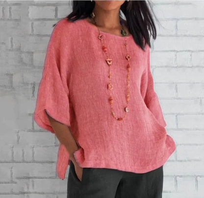 Plus Size Cotton Blouse Shirts Summer O-Neck Three Quarter Loose Casual Blouse Tops Summer Cothes For Women Streetwear